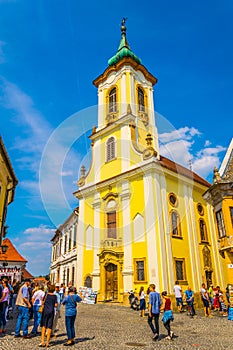 SZENTENDRE, HUNGARY MAY 22, 2016: People are walking in front of the blagovestenska Serbian orthodox church in