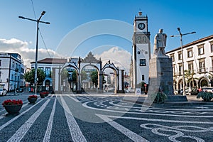SÃÂ£o Miguel, Azores PORTUGAL - August 11, 2020 - Square in the town of Ponta Delgada with monuments such as the famous City Doors