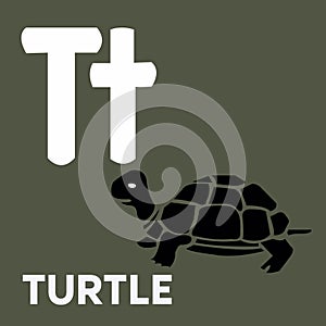 T for turtle.  Alphabet card cartoon character for kids.