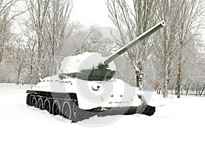 T-34 tank, the best Soviet tank of the second world war, covered with snow.