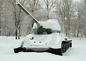 T-34 tank, the best Soviet tank of the second world war, covered with snow.