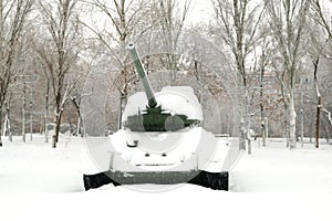 T-34 tank, the best Soviet tank of the second world war, covered with snow.