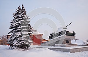T-34 tank monument in winter. Nizhny Tagil. Russia