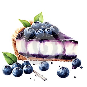 A watercolor illustration of a slice of blueberry cheesecake