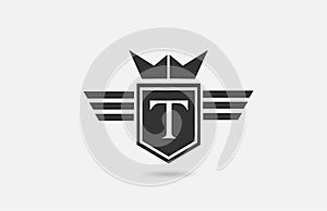 T alphabet letter logo icon for company in black and white. Creative badge design with king crown wings and shield for business