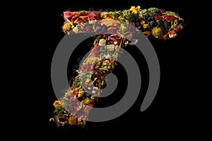 T alphabet letter made out of leaves plants and flowers isolated on black background illustration generative ai
