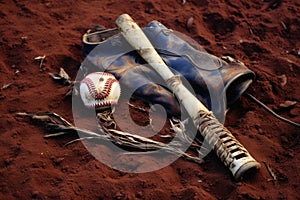 a t-ball bat and glove left on the field after a game photo