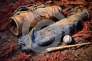 a t-ball bat and glove left on the field after a game photo
