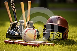t-ball equipment including helmet, bat, and ball on the grass photo
