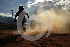 t-ball player running to first base, dust rising from the ground photo