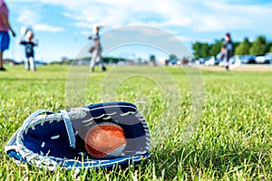 T-ball resting inside a baseball glove on grass.  Defocused players in background photo