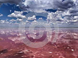  Ðt the Beach. Pink sea.Sky and clouds