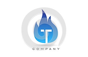T blue fire flames alphabet letter logo design. Creative icon template for company and business