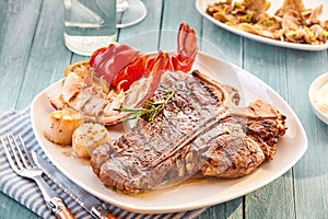 T bone steak and lobster plate