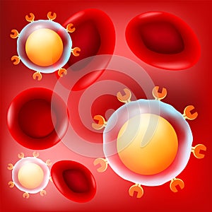 T-cells and red blood cells on red background