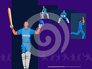 T20 Cricket Match Poster Design with India Cricketer Player Team in Different Poses on Purple photo