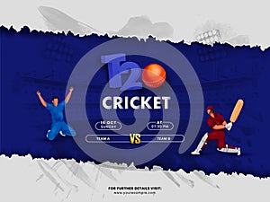 T20 Cricket Match Between Team A VS B With Cartoon Batsman, Bowler Player In Action Pose On Torn Paper Gray And Blue