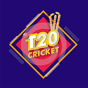 T20 Cricket tournament poster or template design with wicket stump and cricket ball.