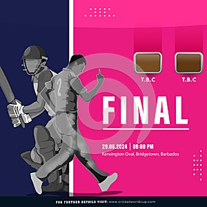 T20 Final Cricket Match Based Poster Design with Cricketer Players Character on Pink and Blue photo