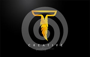 T Golden Gold Feather Letter Logo Icon Design With Feather Feathers Creative Look Vector Illustration