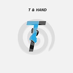 T - Letter abstract icon & hands logo design vector template.Italic style.Business offer,Partnership,Hope,Help,Support,Teamwork s