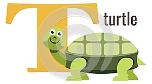 T letter card. Cartoon alphabet with turtle animal