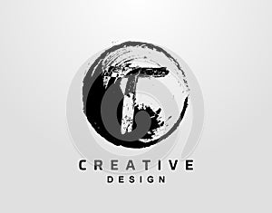 T Letter Logo With Circle Grunge Element. Retro Circle Splatter logo design template