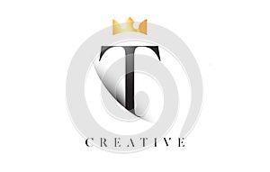 T Letter Logo Design with Golden Luxury Royal Crown Icon and Shadow Letter Vector