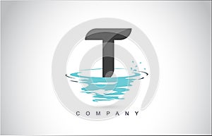 T Letter Logo Design with Water Splash Ripples Drops Reflection