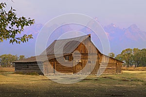 The T.A. Moulton barn at sunrise on Mormon Row at Grand Teton National Park, Wyoming.