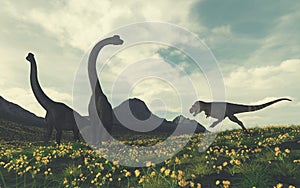 T rex attacking brachiosaurus at mountains .