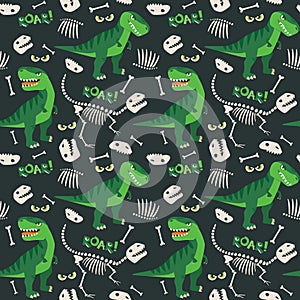 T Rex and Dino Bones Roar Seamless Pattern Dark Background Vector Illustration