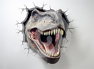 T-rex dinosaur peeks out from behind a hole in a white wall