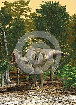 T-Rex dinosaur roaring in the forest. 3D illustration