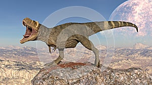 T-Rex Dinosaur, Tyrannosaurus Rex reptile, prehistoric Jurassic animal roaring on cliff in deserted nature environment, 3D