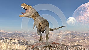 T-Rex Dinosaur, Tyrannosaurus Rex reptile roars on rock, prehistoric Jurassic animal in deserted nature environment, 3D