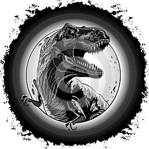 T-Rex Jurassic Dinosaur growling on Surreal Moon Black and White Grunge Frame Vector Illustration isolated on White