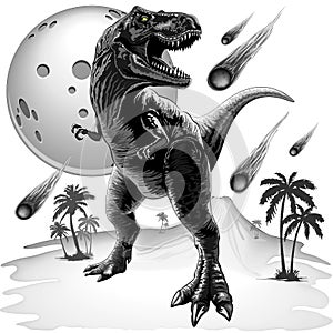 T-Rex Jurassic Dinosaur standing in the Moonlight with Meteorites falling around him. Vector illustration photo