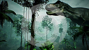 T Rex Tyrannosaur Dinosaur animation in jungle. realistic render. 3D Rendering.