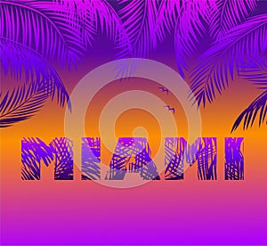 T shirt and apparel print with Miami sunset and palm trees for fashion design, typography, beach night party poster
