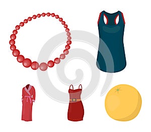 T-shirt, beads, summer women`s sarafan on straps with a belt, a home gown. Women`s clothing set collection icons in