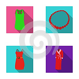 T-shirt, beads, summer women`s sarafan on straps with a belt, a home gown. Women`s clothing set collection icons in flat