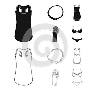 T-shirt, beads, summer women sarafan on straps with a belt, a home gown. Women clothing set collection icons in black