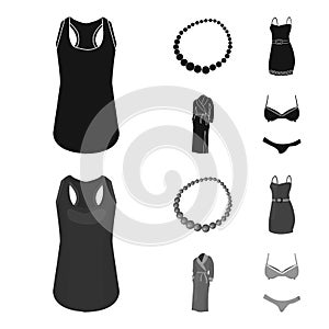 T-shirt, beads, summer women sarafan on straps with a belt, a home gown. Women clothing set collection icons in black