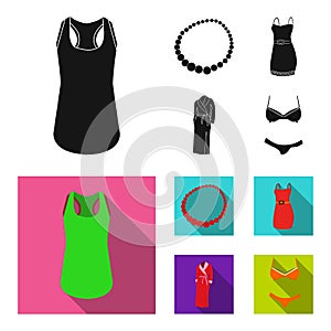 T shirt, beads, summer women sarafan on straps with a belt, a home gown. Women clothing set collection icons in black