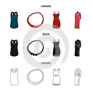 T-shirt, beads, summer women sarafan on straps with a belt, a home gown. Women clothing set collection icons in cartoon