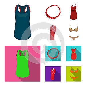 T-shirt, beads, summer women sarafan on straps with a belt, a home gown. Women clothing set collection icons in cartoon