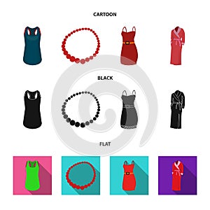 T-shirt, beads, summer women sarafan on straps with a belt, a home gown. Women clothing set collection icons in cartoon