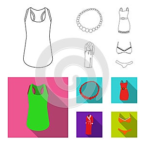 T-shirt, beads, summer women sarafan on straps with a belt, a home gown. Women clothing set collection icons in outline