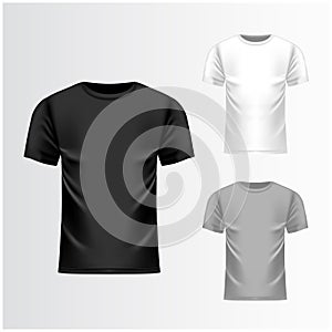 T-shirt black, grey, white template, front view. Vector realistic mock up